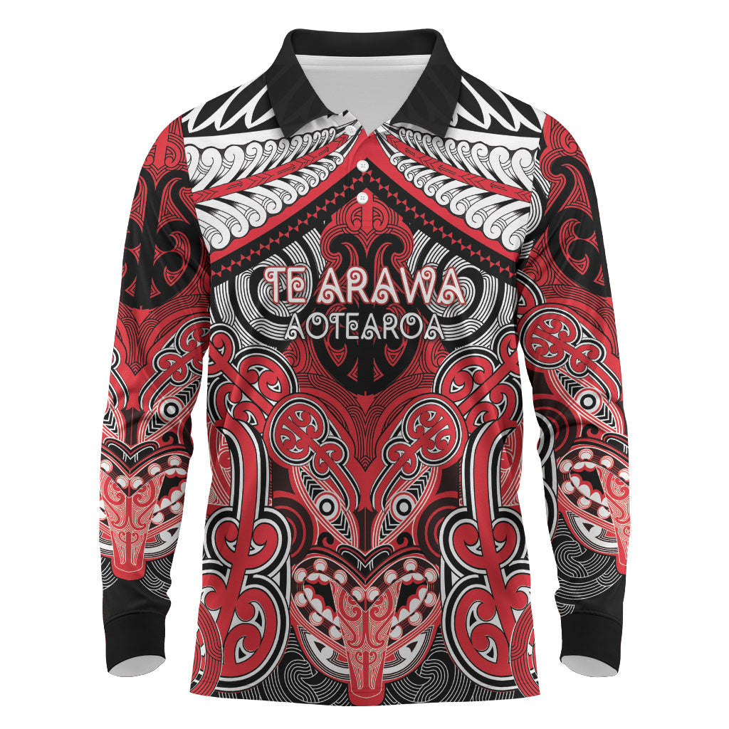 Aotearoa Iwi Te Arawa Personalised Long Sleeve Polo Shirt Maori Kowhaiwhai Pattern LT19 Red - Polynesian Pride