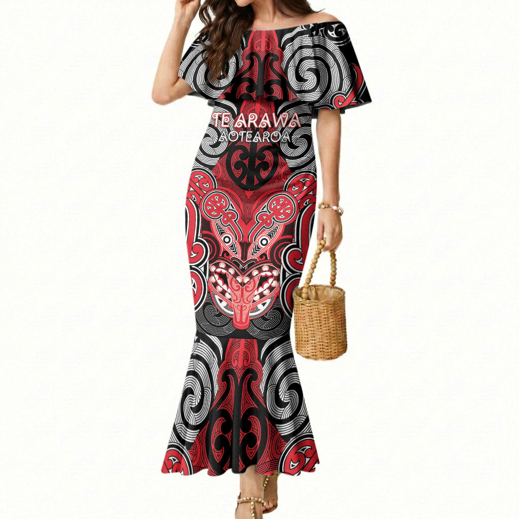 Aotearoa Iwi Te Arawa Personalised Mermaid Dress Maori Kowhaiwhai Pattern LT19 Women Red - Polynesian Pride