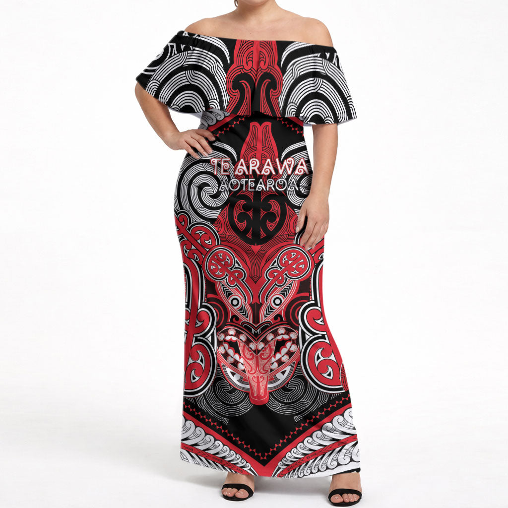 Aotearoa Iwi Te Arawa Personalised Off Shoulder Maxi Dress Maori Kowhaiwhai Pattern LT19 Women Red - Polynesian Pride