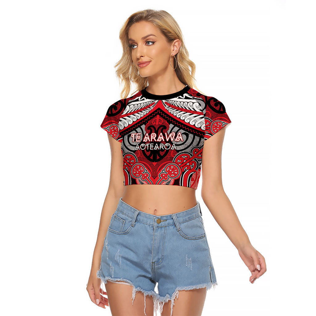 Aotearoa Iwi Te Arawa Personalised Raglan Cropped T Shirt Maori Kowhaiwhai Pattern LT19 Female Red - Polynesian Pride