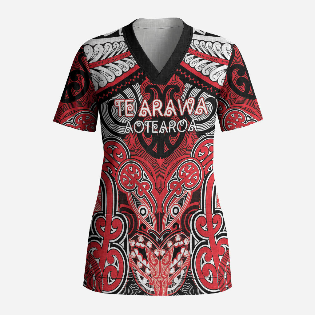 Aotearoa Iwi Te Arawa Personalised Scrub Top Maori Kowhaiwhai Pattern LT19 Adult Red - Polynesian Pride