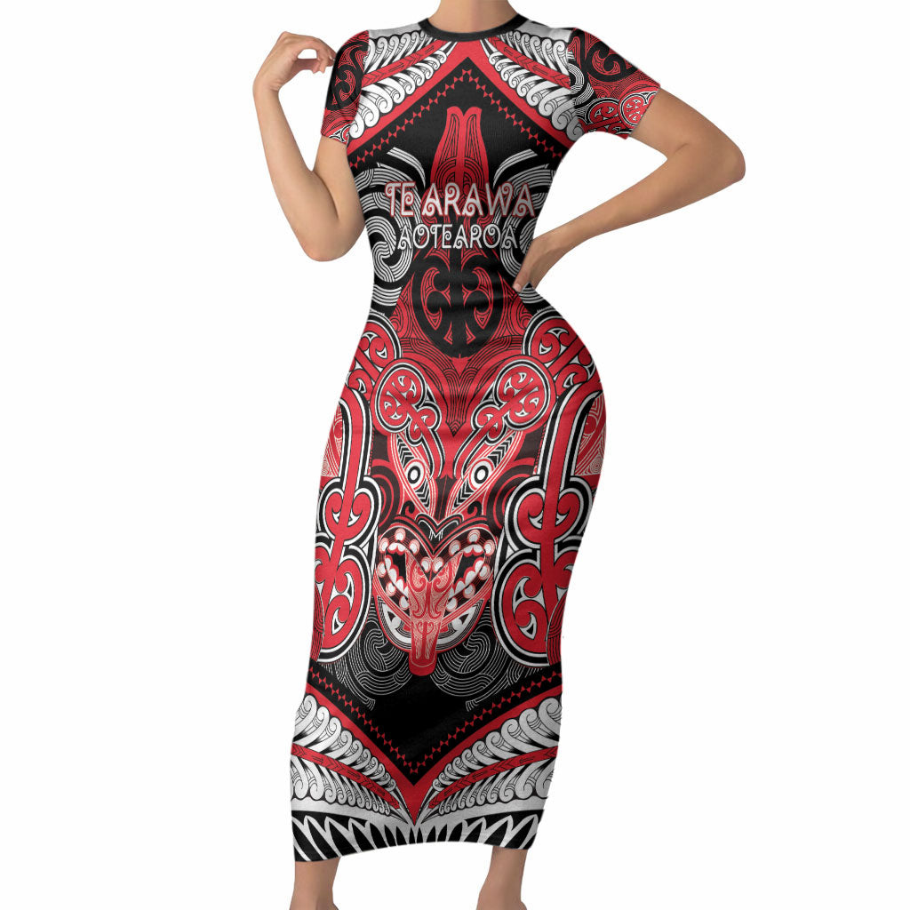 Aotearoa Iwi Te Arawa Personalised Short Sleeve Bodycon Dress Maori Kowhaiwhai Pattern LT19 Long Dress Red - Polynesian Pride