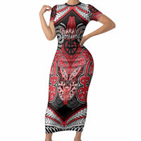 Aotearoa Iwi Te Arawa Personalised Short Sleeve Bodycon Dress Maori Kowhaiwhai Pattern LT19 Long Dress Red - Polynesian Pride