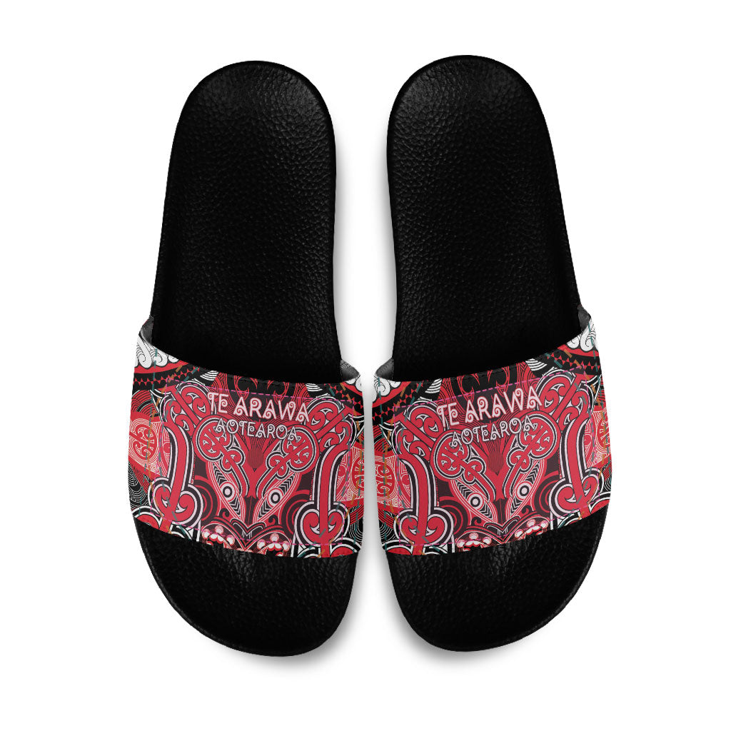 Aotearoa Iwi Te Arawa Slide Sandals Maori Kowhaiwhai Pattern LT19 Red - Polynesian Pride