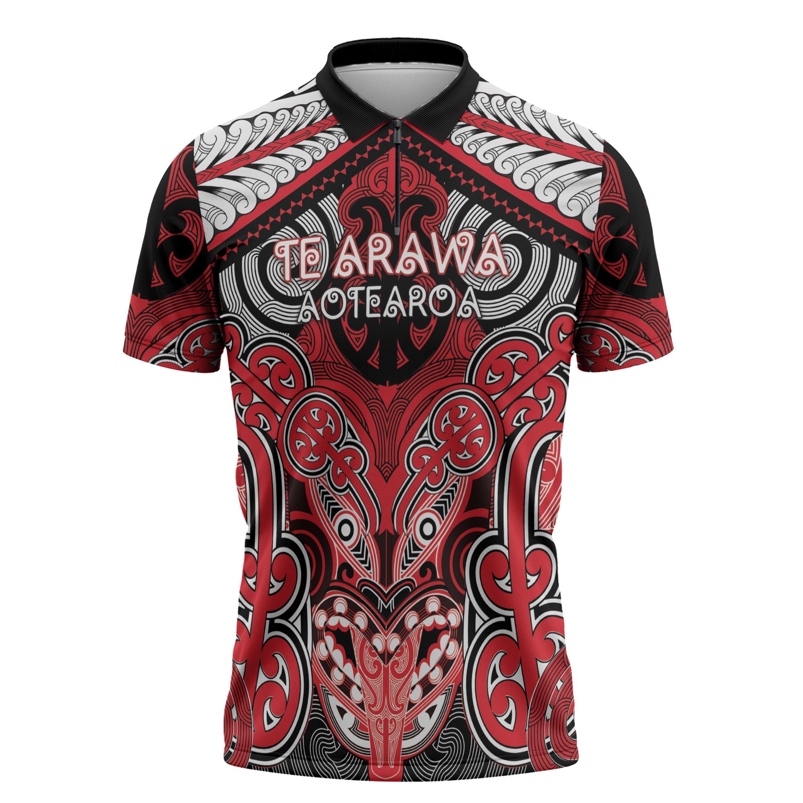Aotearoa Iwi Te Arawa Personalised Zipper Polo Shirt Maori Kowhaiwhai Pattern LT19 Red - Polynesian Pride