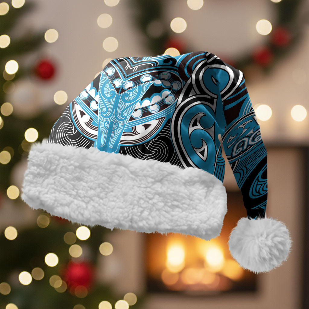 Aotearoa Iwi Ngati Porou Personalised Christmas Santa Hat Maori Kowhaiwhai Pattern LT19 With Fur Blue - Polynesian Pride