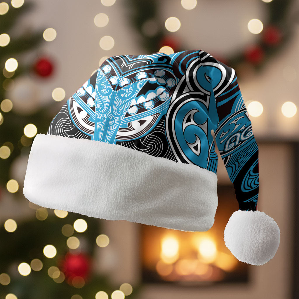 Aotearoa Iwi Ngati Porou Personalised Christmas Santa Hat Maori Kowhaiwhai Pattern LT19 Without Fur Blue - Polynesian Pride
