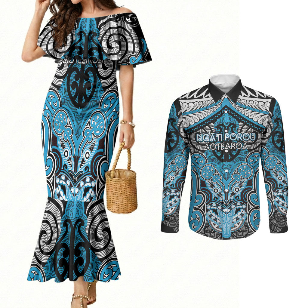 Aotearoa Iwi Ngati Porou Personalised Couples Matching Mermaid Dress and Long Sleeve Button Shirt Maori Kowhaiwhai Pattern LT19 Blue - Polynesian Pride