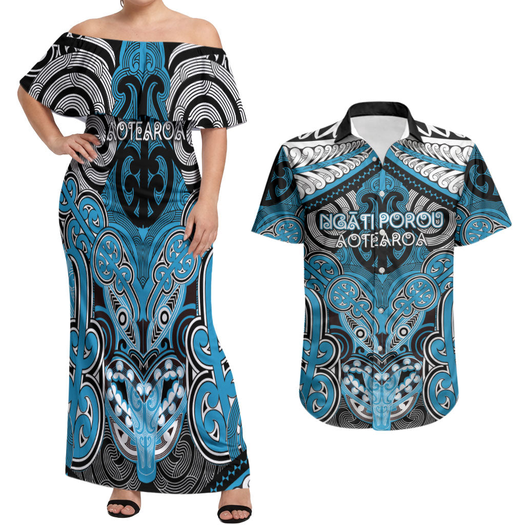 Aotearoa Iwi Ngati Porou Personalised Couples Matching Off Shoulder Maxi Dress and Hawaiian Shirt Maori Kowhaiwhai Pattern LT19 Blue - Polynesian Pride