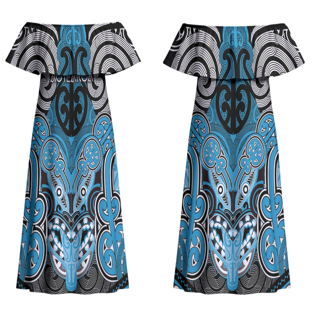 Aotearoa Iwi Ngati Porou Personalised Couples Matching Off Shoulder Maxi Dress and Long Sleeve Button Shirt Maori Kowhaiwhai Pattern LT19 - Polynesian Pride