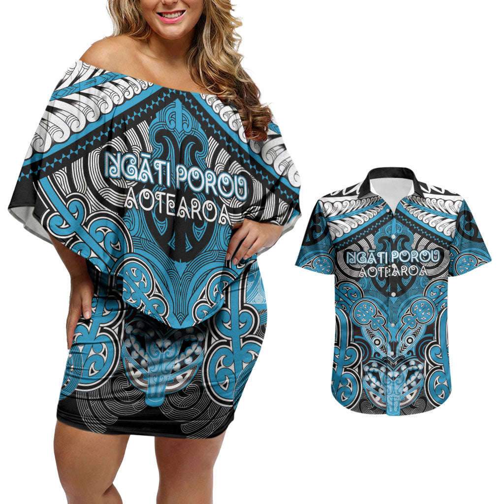 Aotearoa Iwi Ngati Porou Personalised Couples Matching Off Shoulder Short Dress and Hawaiian Shirt Maori Kowhaiwhai Pattern LT19 Blue - Polynesian Pride