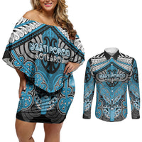 Aotearoa Iwi Ngati Porou Personalised Couples Matching Off Shoulder Short Dress and Long Sleeve Button Shirt Maori Kowhaiwhai Pattern LT19 Blue - Polynesian Pride