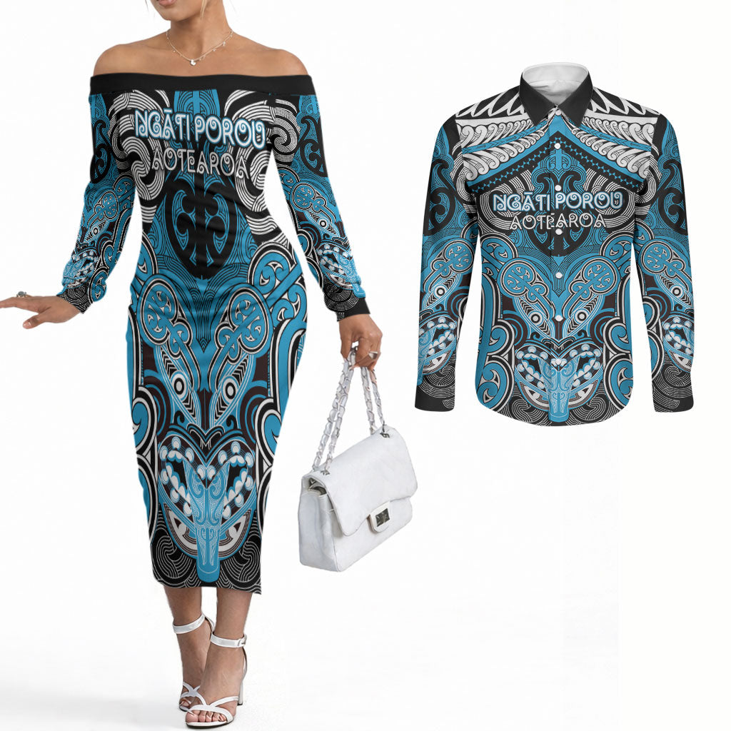 Aotearoa Iwi Ngati Porou Personalised Couples Matching Off The Shoulder Long Sleeve Dress and Long Sleeve Button Shirt Maori Kowhaiwhai Pattern LT19 Blue - Polynesian Pride
