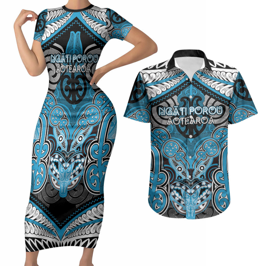 Aotearoa Iwi Ngati Porou Personalised Couples Matching Short Sleeve Bodycon Dress and Hawaiian Shirt Maori Kowhaiwhai Pattern LT19 Blue - Polynesian Pride