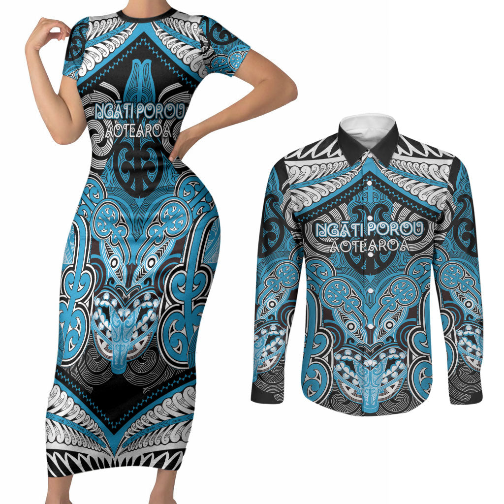 Aotearoa Iwi Ngati Porou Personalised Couples Matching Short Sleeve Bodycon Dress and Long Sleeve Button Shirt Maori Kowhaiwhai Pattern LT19 Blue - Polynesian Pride