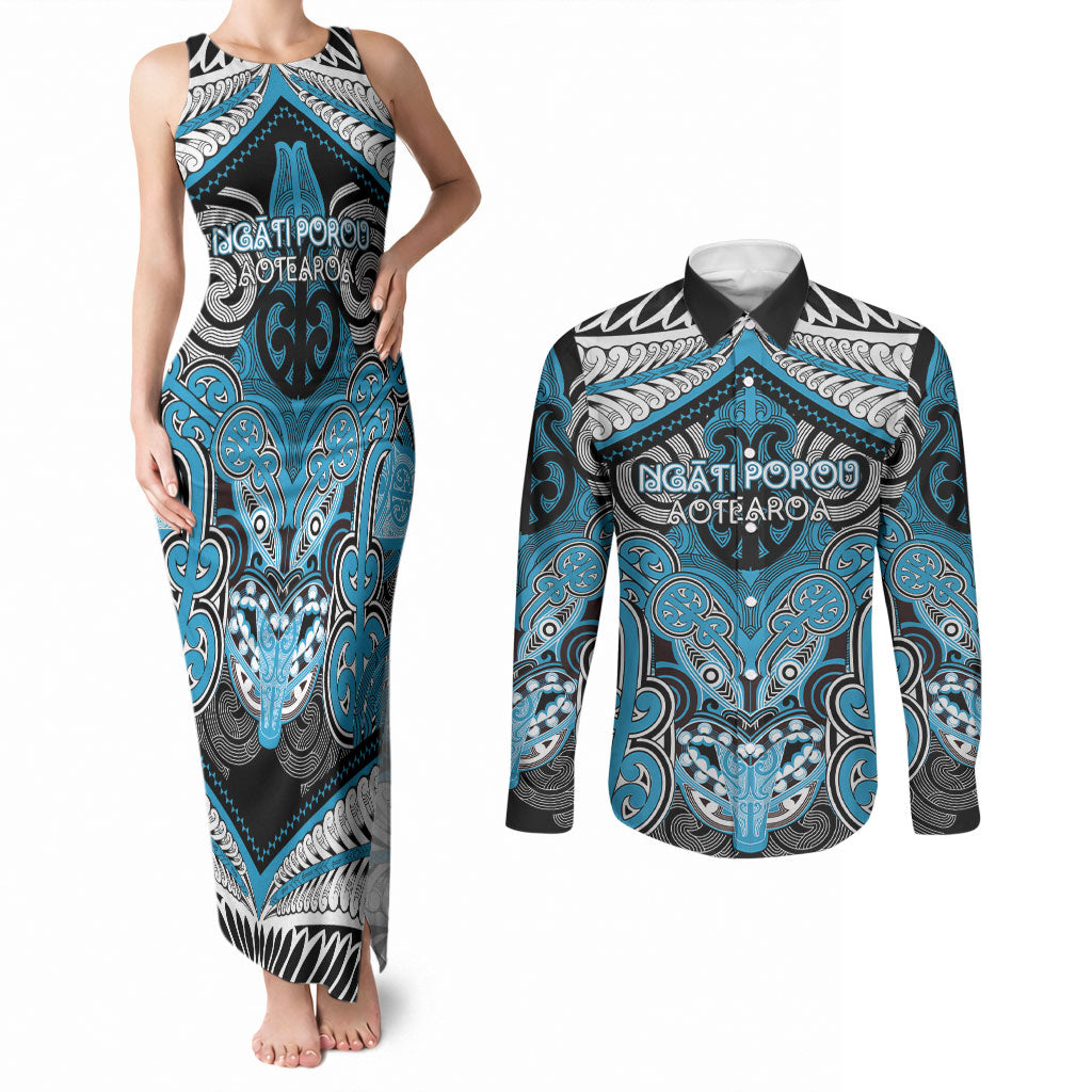 Aotearoa Iwi Ngati Porou Personalised Couples Matching Tank Maxi Dress and Long Sleeve Button Shirt Maori Kowhaiwhai Pattern LT19 Blue - Polynesian Pride