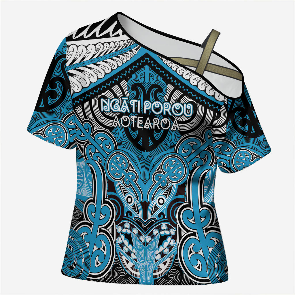 Aotearoa Iwi Ngati Porou Personalised Cross Shoulder Shirt Maori Kowhaiwhai Pattern LT19 Female Blue - Polynesian Pride