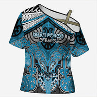 Aotearoa Iwi Ngati Porou Personalised Cross Shoulder Shirt Maori Kowhaiwhai Pattern LT19 Female Blue - Polynesian Pride
