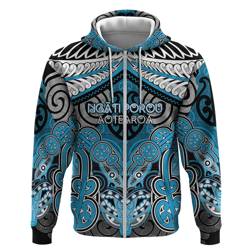 Aotearoa Iwi Ngati Porou Personalised Hoodie Maori Kowhaiwhai Pattern LT19 Zip Hoodie Blue - Polynesian Pride