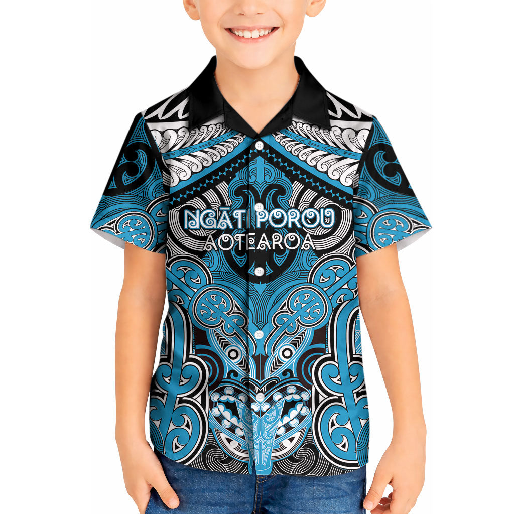 Aotearoa Iwi Ngati Porou Personalised Kid Hawaiian Shirt Maori Kowhaiwhai Pattern LT19 Kid Blue - Polynesian Pride