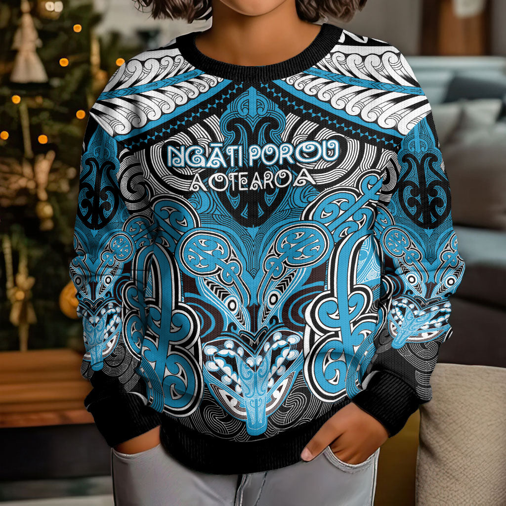 Aotearoa Iwi Ngati Porou Personalised Kid Ugly Christmas Sweater Maori Kowhaiwhai Pattern LT19 - Polynesian Pride