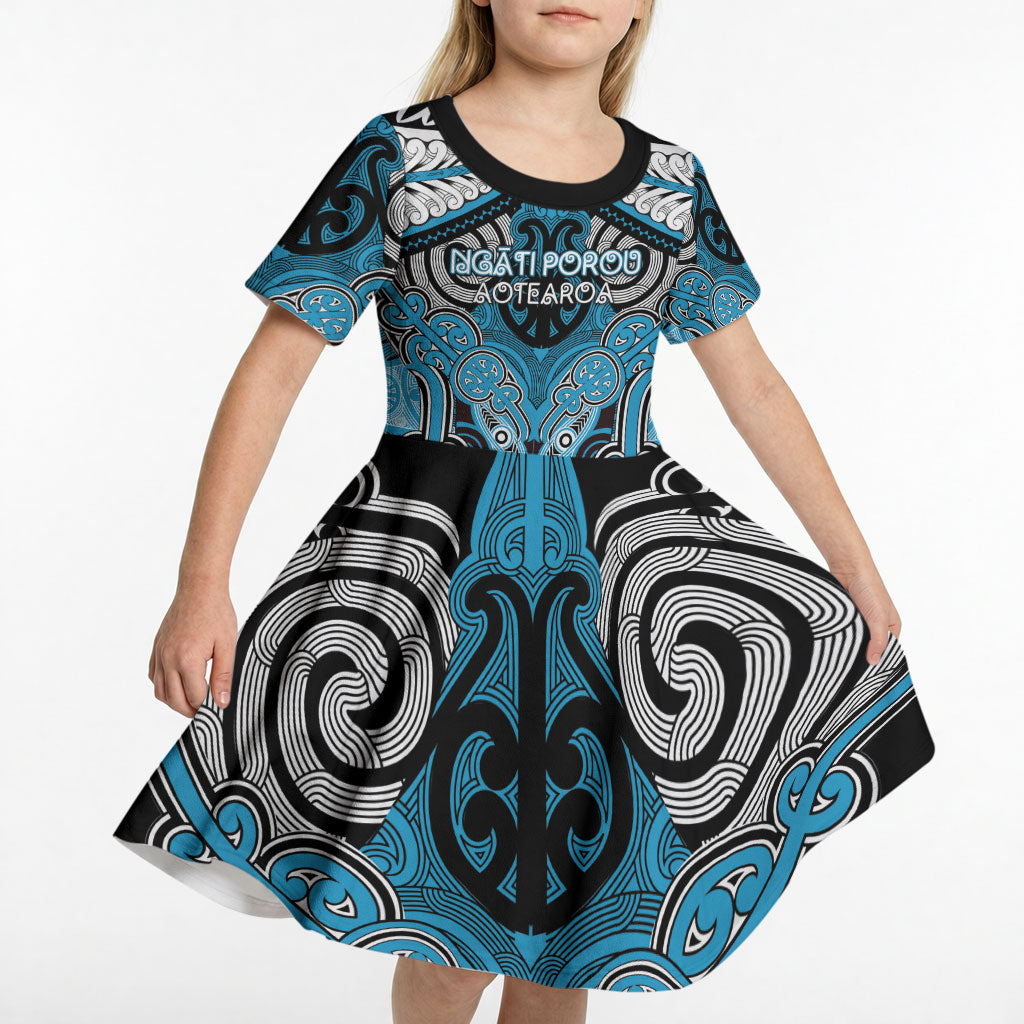 Aotearoa Iwi Ngati Porou Personalised Kid Short Sleeve Dress Maori Kowhaiwhai Pattern LT19 - Polynesian Pride
