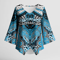 Aotearoa Iwi Ngati Porou Personalised Kimono Sleeve Blouse Maori Kowhaiwhai Pattern LT19 Female Blue - Polynesian Pride