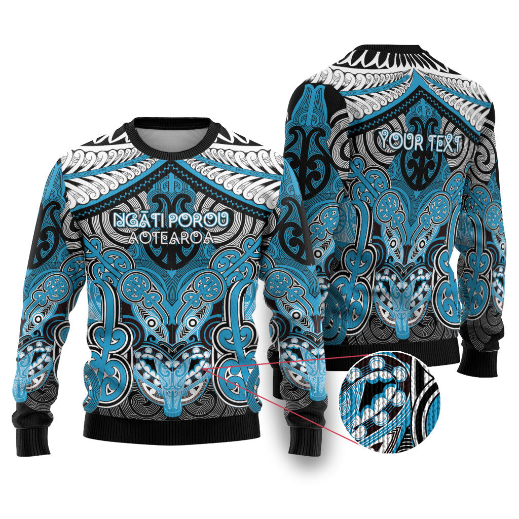 Aotearoa Iwi Ngati Porou Personalised Ugly Christmas Sweater Maori Kowhaiwhai Pattern LT19 Blue - Polynesian Pride