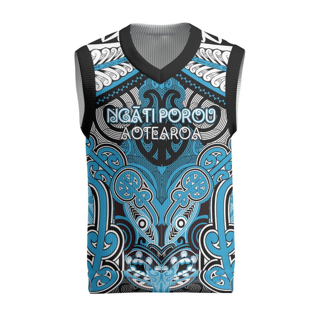 Aotearoa Iwi Ngati Porou Personalised Christmas Knitted V-Neck Vest Maori Kowhaiwhai Pattern LT19 Blue - Polynesian Pride