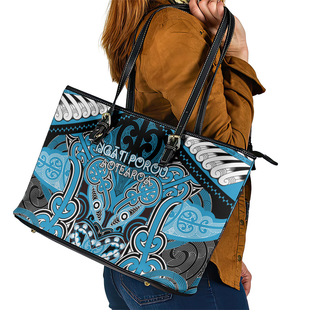 Aotearoa Iwi Ngati Porou Leather Tote Bag Maori Kowhaiwhai Pattern LT19 - Polynesian Pride