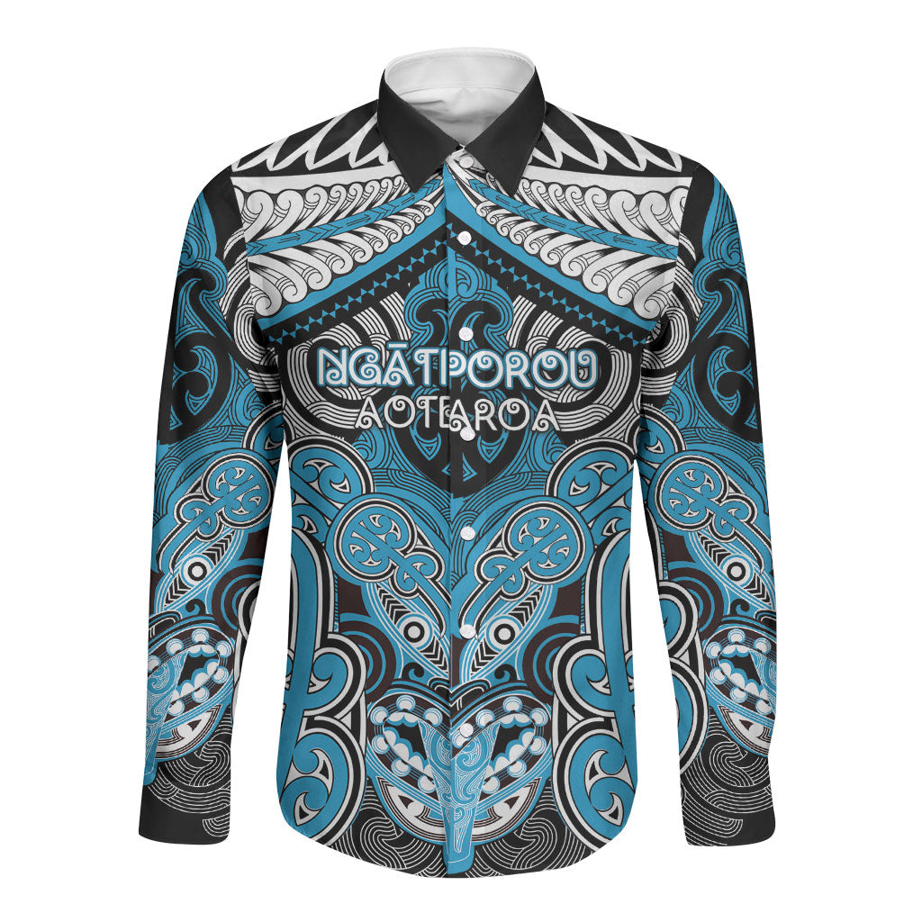Aotearoa Iwi Ngati Porou Personalised Long Sleeve Button Shirt Maori Kowhaiwhai Pattern LT19 Unisex Blue - Polynesian Pride