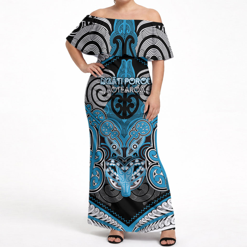 Aotearoa Iwi Ngati Porou Personalised Off Shoulder Maxi Dress Maori Kowhaiwhai Pattern LT19 Women Blue - Polynesian Pride