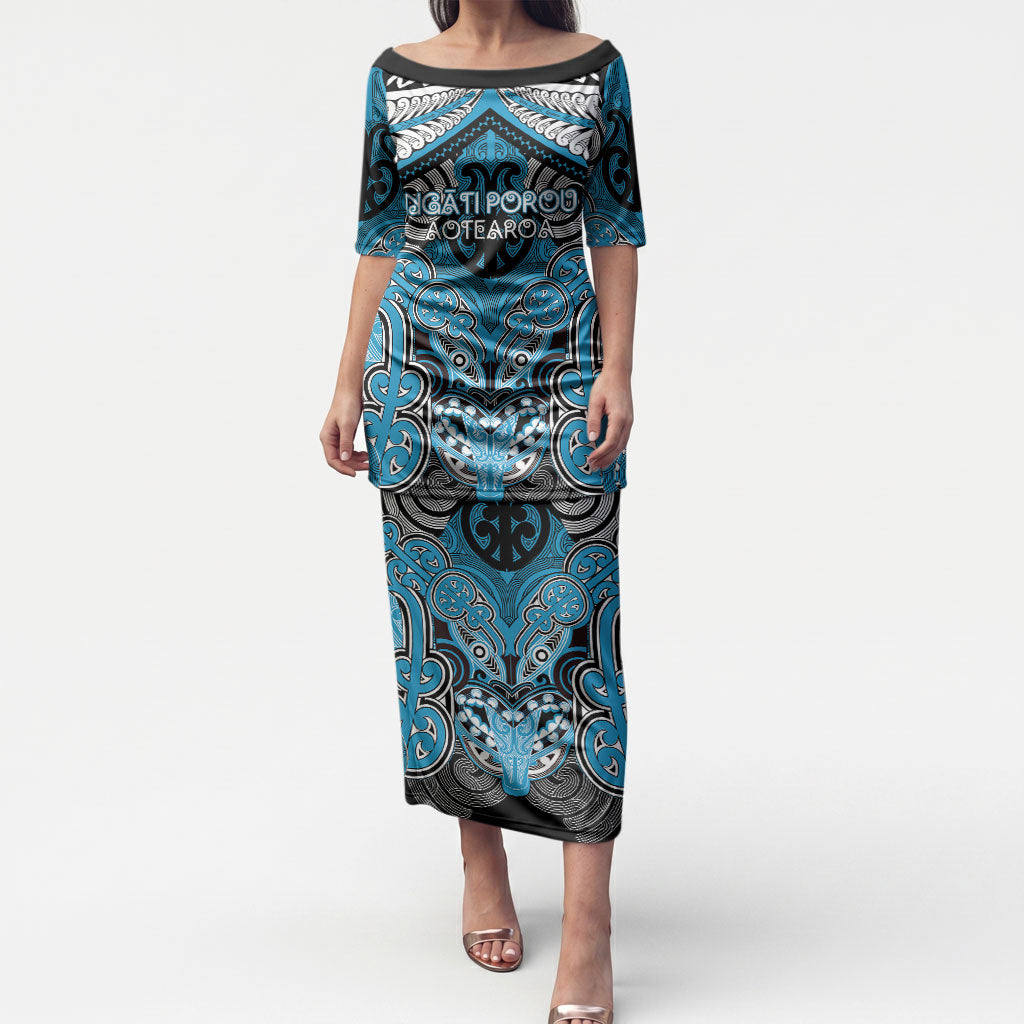 Aotearoa Iwi Ngati Porou Personalised Puletasi Maori Kowhaiwhai Pattern LT19 Long Dress Blue - Polynesian Pride