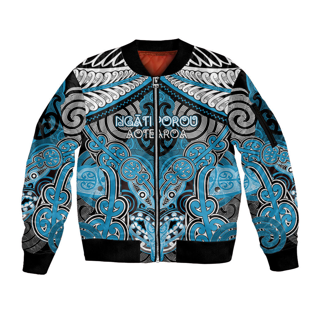 Aotearoa Iwi Ngati Porou Personalised Sleeve Zip Bomber Jacket Maori Kowhaiwhai Pattern LT19 Unisex Blue - Polynesian Pride