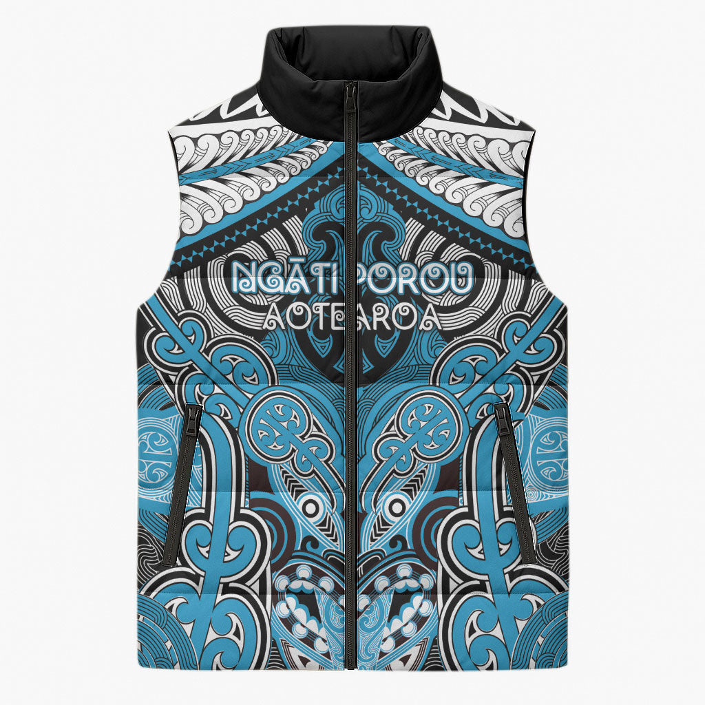Aotearoa Iwi Ngati Porou Personalised Sleeveless Puffer Jacket Maori Kowhaiwhai Pattern LT19 Unisex Blue - Polynesian Pride