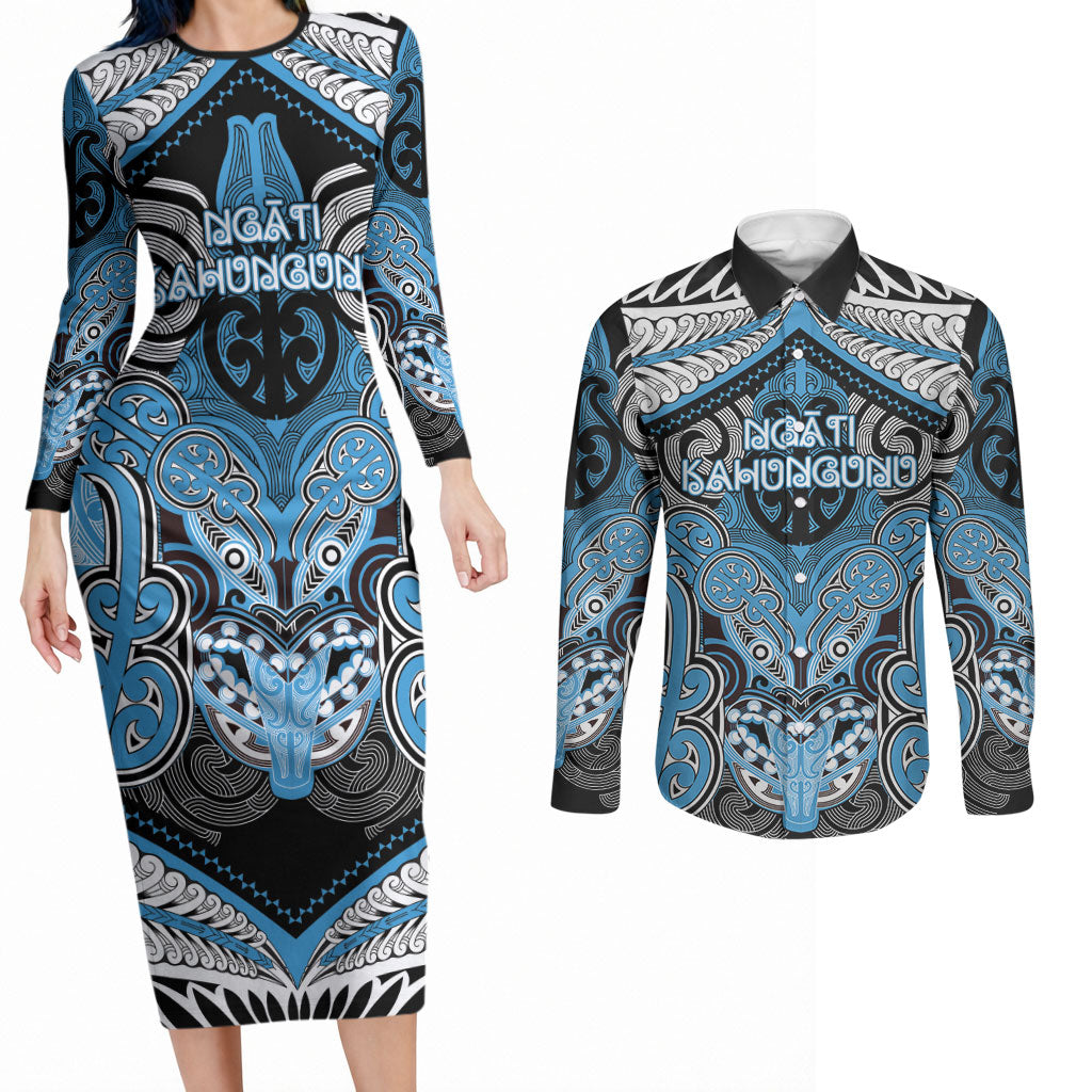 Aotearoa Iwi Ngati Kahungunu Personalised Couples Matching Long Sleeve Bodycon Dress and Long Sleeve Button Shirt Maori Kowhaiwhai Pattern LT19 Blue - Polynesian Pride
