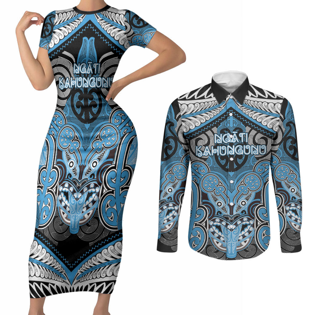 Aotearoa Iwi Ngati Kahungunu Personalised Couples Matching Short Sleeve Bodycon Dress and Long Sleeve Button Shirt Maori Kowhaiwhai Pattern LT19 Blue - Polynesian Pride