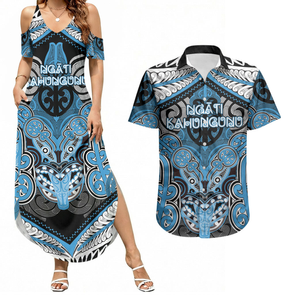 Aotearoa Iwi Ngati Kahungunu Personalised Couples Matching Summer Maxi Dress and Hawaiian Shirt Maori Kowhaiwhai Pattern LT19 Blue - Polynesian Pride