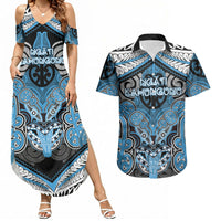 Aotearoa Iwi Ngati Kahungunu Personalised Couples Matching Summer Maxi Dress and Hawaiian Shirt Maori Kowhaiwhai Pattern LT19 Blue - Polynesian Pride