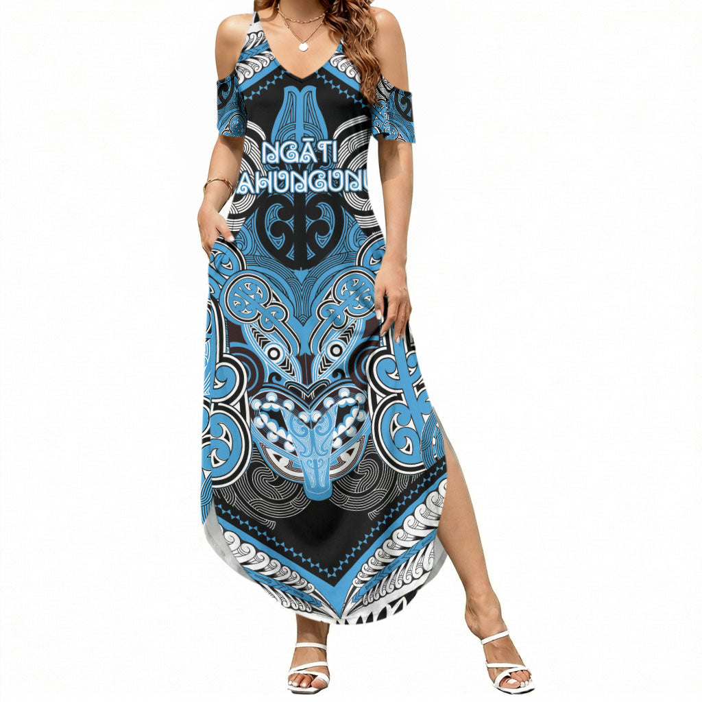 Aotearoa Iwi Ngati Kahungunu Personalised Summer Maxi Dress Maori Kowhaiwhai Pattern LT19 Women Blue - Polynesian Pride