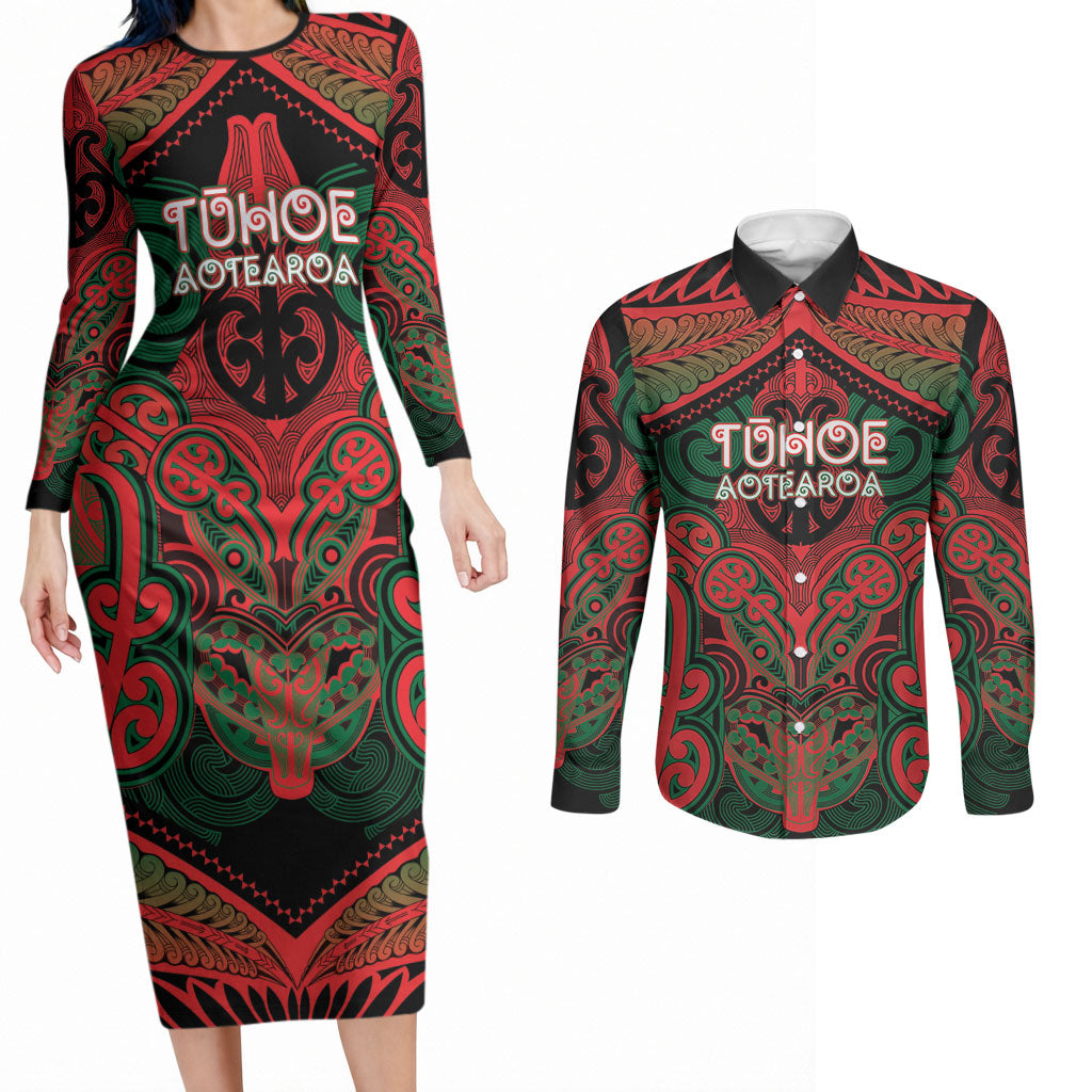 Aotearoa Iwi Tuhoe Personalised Couples Matching Long Sleeve Bodycon Dress and Long Sleeve Button Shirt Maori Kowhaiwhai Pattern LT19 Red - Polynesian Pride