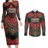 Aotearoa Iwi Tuhoe Personalised Couples Matching Long Sleeve Bodycon Dress and Long Sleeve Button Shirt Maori Kowhaiwhai Pattern LT19 Red - Polynesian Pride