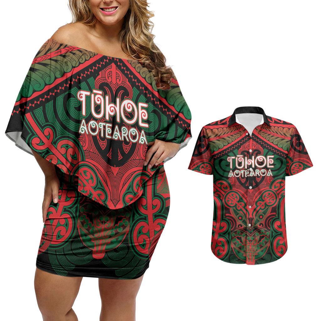 Aotearoa Iwi Tuhoe Personalised Couples Matching Off Shoulder Short Dress and Hawaiian Shirt Maori Kowhaiwhai Pattern LT19 Red - Polynesian Pride