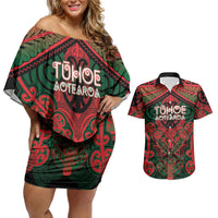 Aotearoa Iwi Tuhoe Personalised Couples Matching Off Shoulder Short Dress and Hawaiian Shirt Maori Kowhaiwhai Pattern LT19 Red - Polynesian Pride