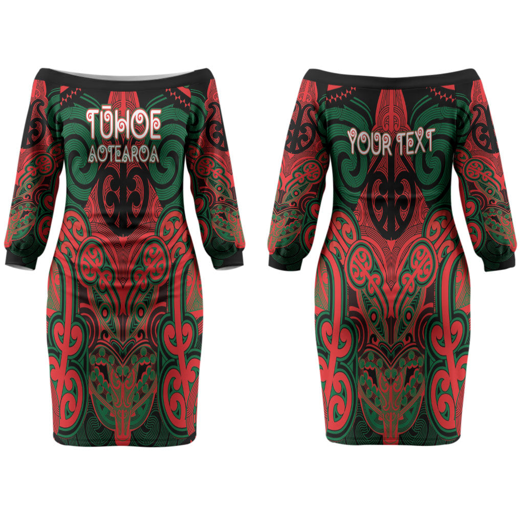 Aotearoa Iwi Tuhoe Personalised Couples Matching Off The Shoulder Long Sleeve Dress and Long Sleeve Button Shirt Maori Kowhaiwhai Pattern LT19 - Polynesian Pride