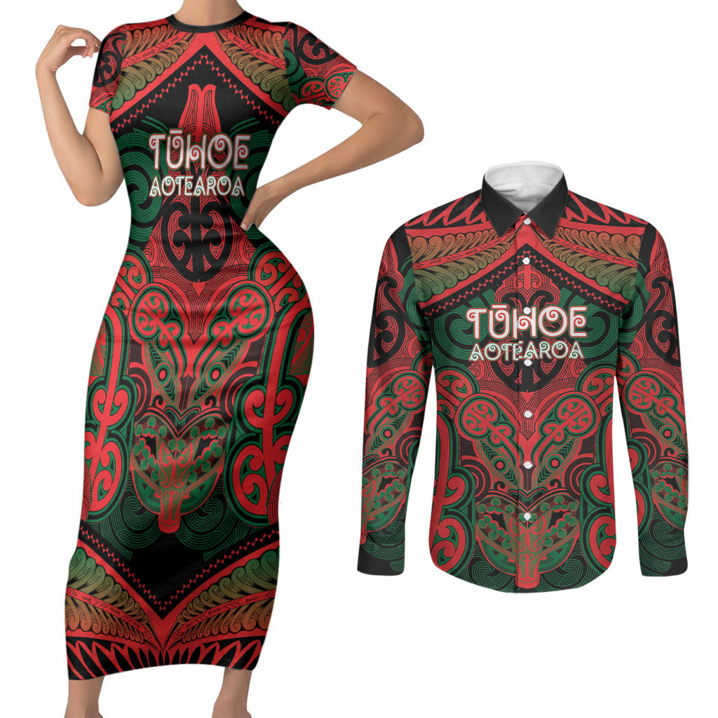Aotearoa Iwi Tuhoe Personalised Couples Matching Short Sleeve Bodycon Dress and Long Sleeve Button Shirt Maori Kowhaiwhai Pattern LT19 Red - Polynesian Pride