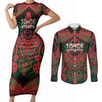 Aotearoa Iwi Tuhoe Personalised Couples Matching Short Sleeve Bodycon Dress and Long Sleeve Button Shirt Maori Kowhaiwhai Pattern LT19 Red - Polynesian Pride