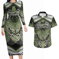 Aotearoa Iwi Whakatohea Personalised Couples Matching Long Sleeve Bodycon Dress and Hawaiian Shirt Maori Kowhaiwhai Pattern LT19 Olive Green - Polynesian Pride