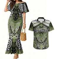 Aotearoa Iwi Whakatohea Personalised Couples Matching Mermaid Dress and Hawaiian Shirt Maori Kowhaiwhai Pattern LT19 Olive Green - Polynesian Pride