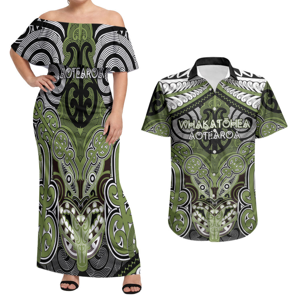 Aotearoa Iwi Whakatohea Personalised Couples Matching Off Shoulder Maxi Dress and Hawaiian Shirt Maori Kowhaiwhai Pattern LT19 Olive Green - Polynesian Pride